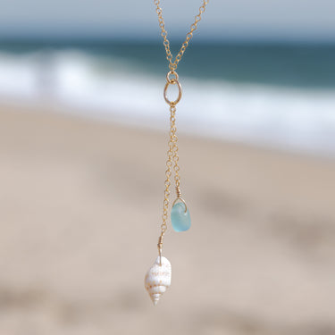 2 Charm Teal Blue Sea Glass + Seashell Necklace